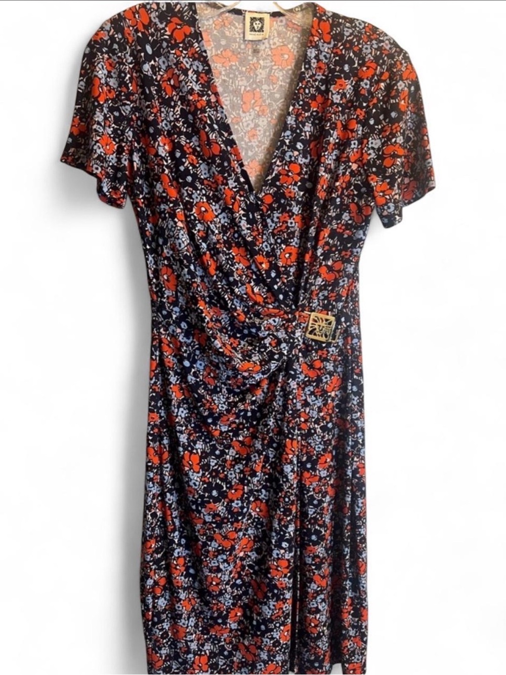 Anne Klein Black Midi Dress with Red and Light Blue Floral Print